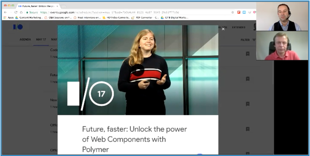 Photo of Pascal Fintoni and Leon Howe talking about how to access the recorded keynote presentations and workshops from Google IO 2017