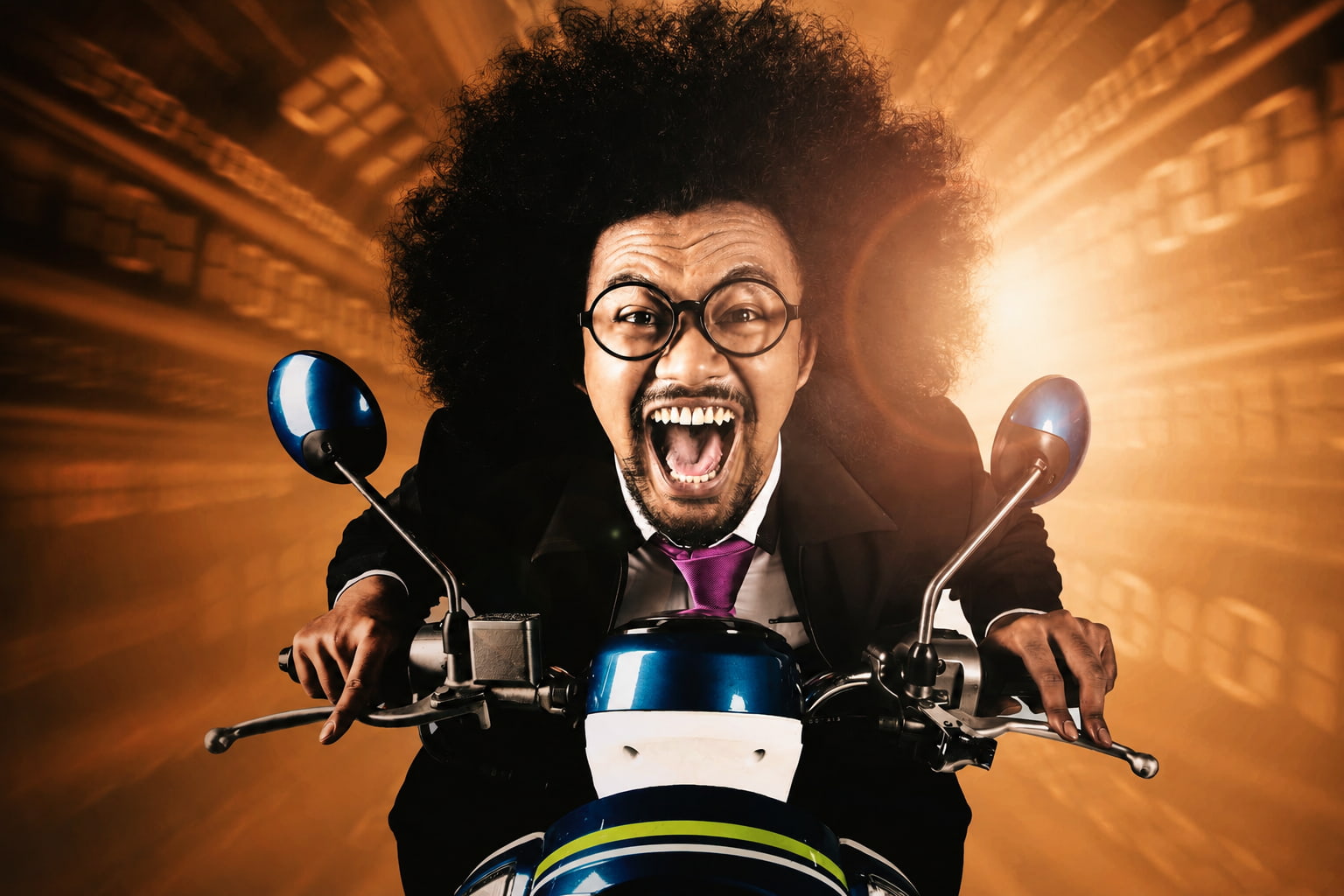 An excited rider racing through a futuristic digital backdrop represents the growing momentum around AI adoption, while highlighting the article's message: embrace AI, but take time to evaluate its impact and implementation carefully.